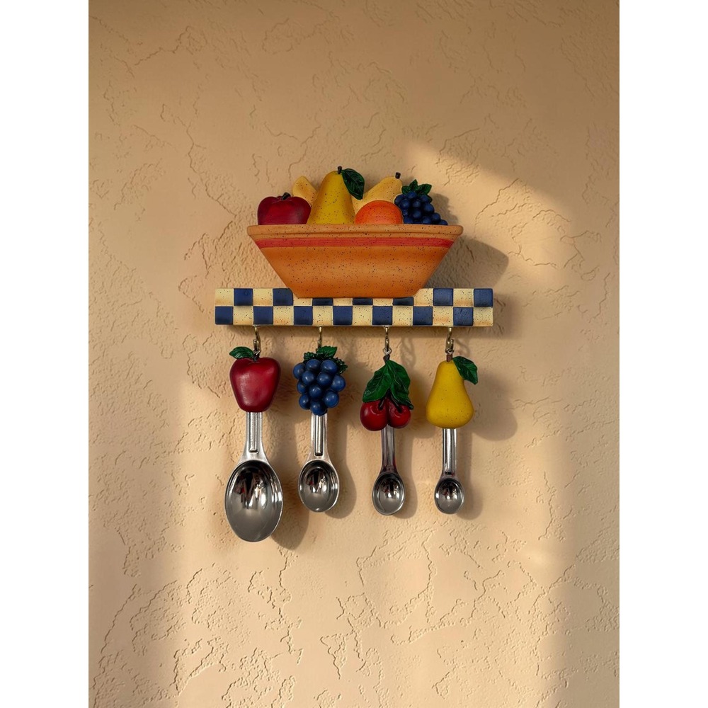 Vintage Fruit Measuring Spoons Set - Wall Mounted Kitchen Spoon Holder